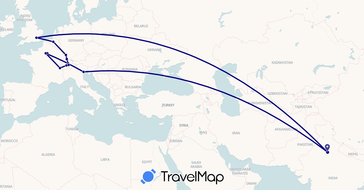 TravelMap itinerary: driving in Belgium, Switzerland, Germany, France, United Kingdom, India, Italy (Asia, Europe)